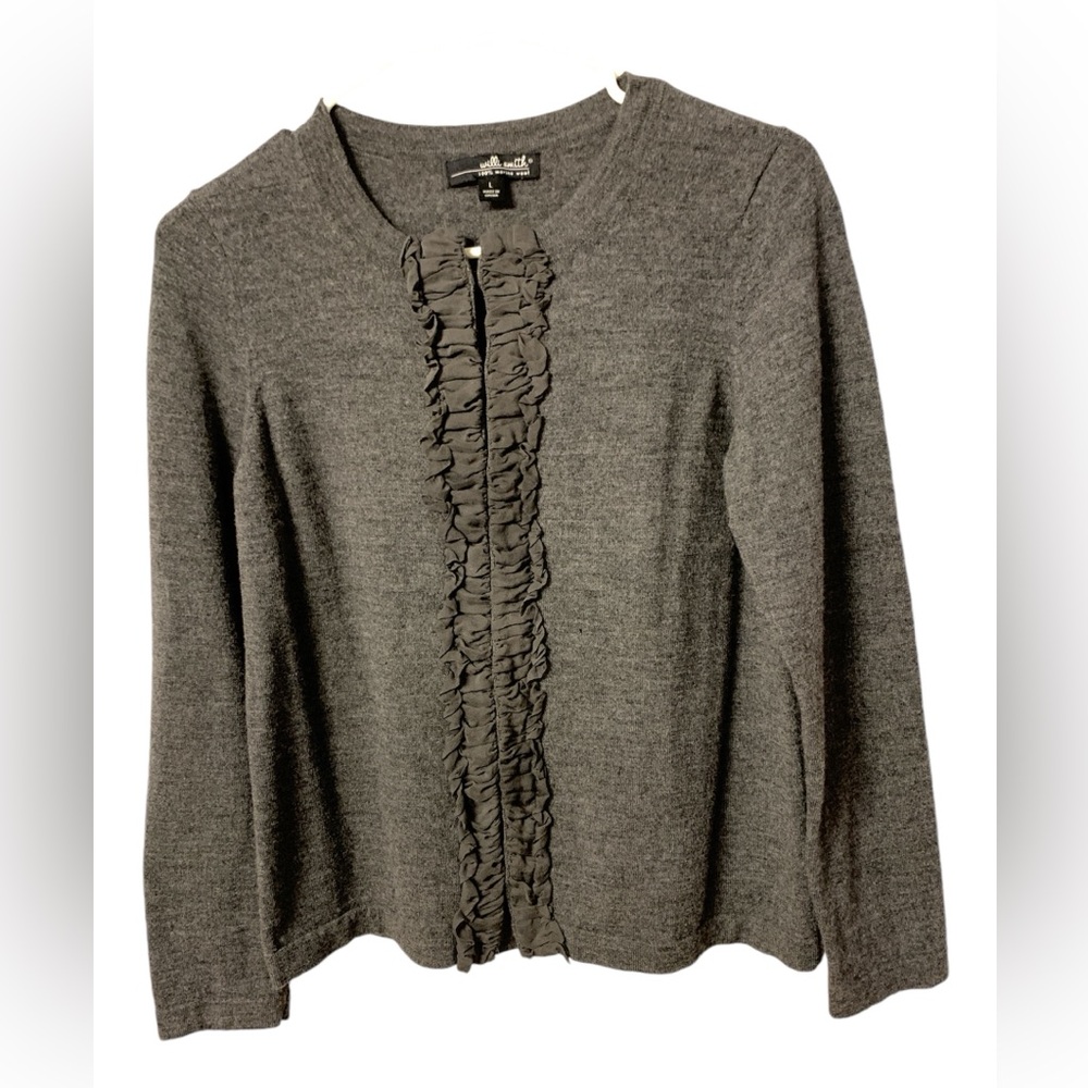willi smith wool 100% marino gray sweater front ruffles zipper